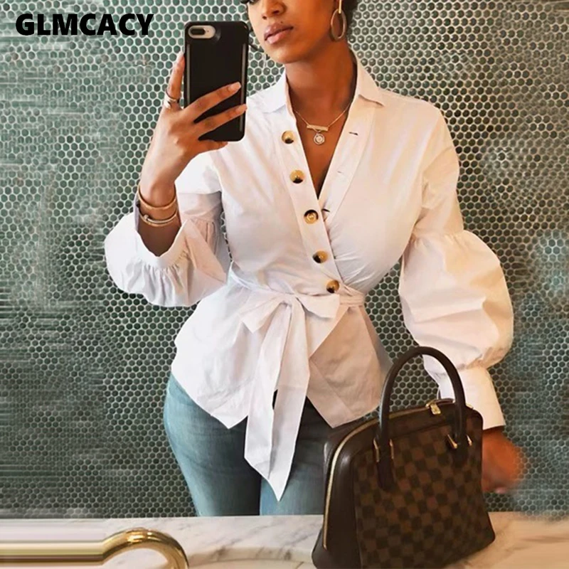 

Women Button Down Wrap Belt Long Sleeve Casual Top Blouse Elegant Office Lady Chic Spring Fall Street Wear Shirt