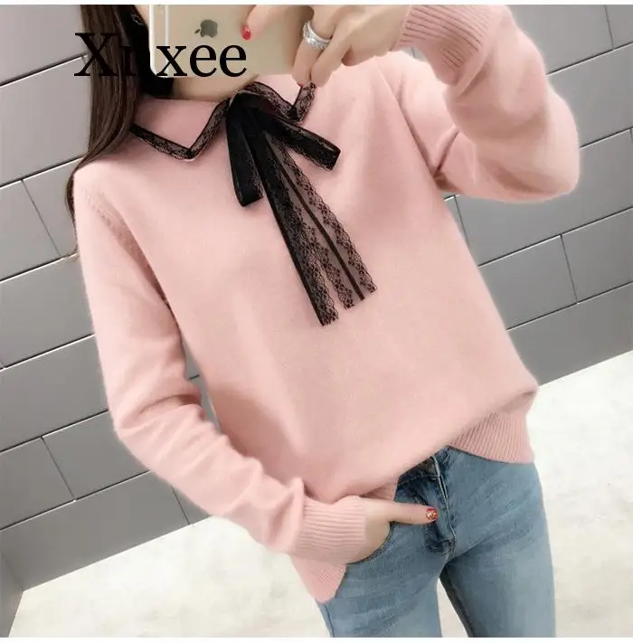 Elegant Lace Turn-down Collor Sweater Women Jumper 2019 Autumn Winter Long Sleeve Knitted Pullover Sweater Female Khaki lace Elegant Lace Turn-down Collor Sweater Women Jumper 2019 Autumn Winter Long Sleeve Knitted Pullover Sweater Female Khaki lace