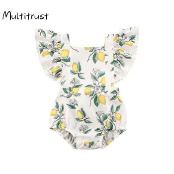 

2020 Infant Newborn Baby Girls Clothes Ruffles Sleeveless Lemon print Bodysuit/Romper Summer Outfit Clothes Size 0-2T