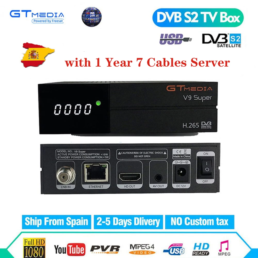 

GTmedia V9 Super Satellite Receiver Freesat Decoder Updated GTmedia V8 Nova Receiptor with Stable 1 Year 7 Cables Server Europe