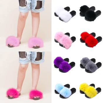 

Kids Large Fluffy Slippers Baby Girl Cute Slider Fur Slippers Home Slippers Flip-flops Furry Flat Sandals Home Shoes D30