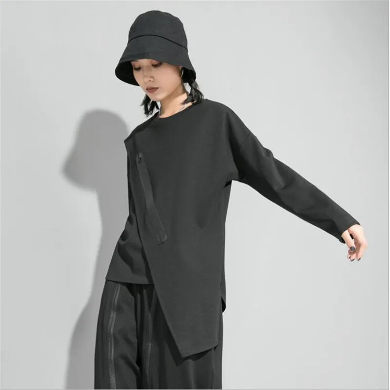 Autumn Women T-shirt Girl Casual Zipper Asymmetrical long sleeve t-shirt O-neck Blusas Women Tops Fashion Coat Clothes