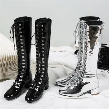 

Knee-High Motorcycle Boots 2019 Square Toe Lace Up Shoes Woman Metal Decor Patent Leather Boots Women Chunky Heel Ladies Shoes