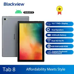 Blackview – tablette de 10.1 pouces Tab 8 2 en 1, Smartphone, Octa Core, 4GM + 64GM, Android 10.0, double 4G, VoLTE, téléphone portable, 6580mAh, reconnaissance faciale 