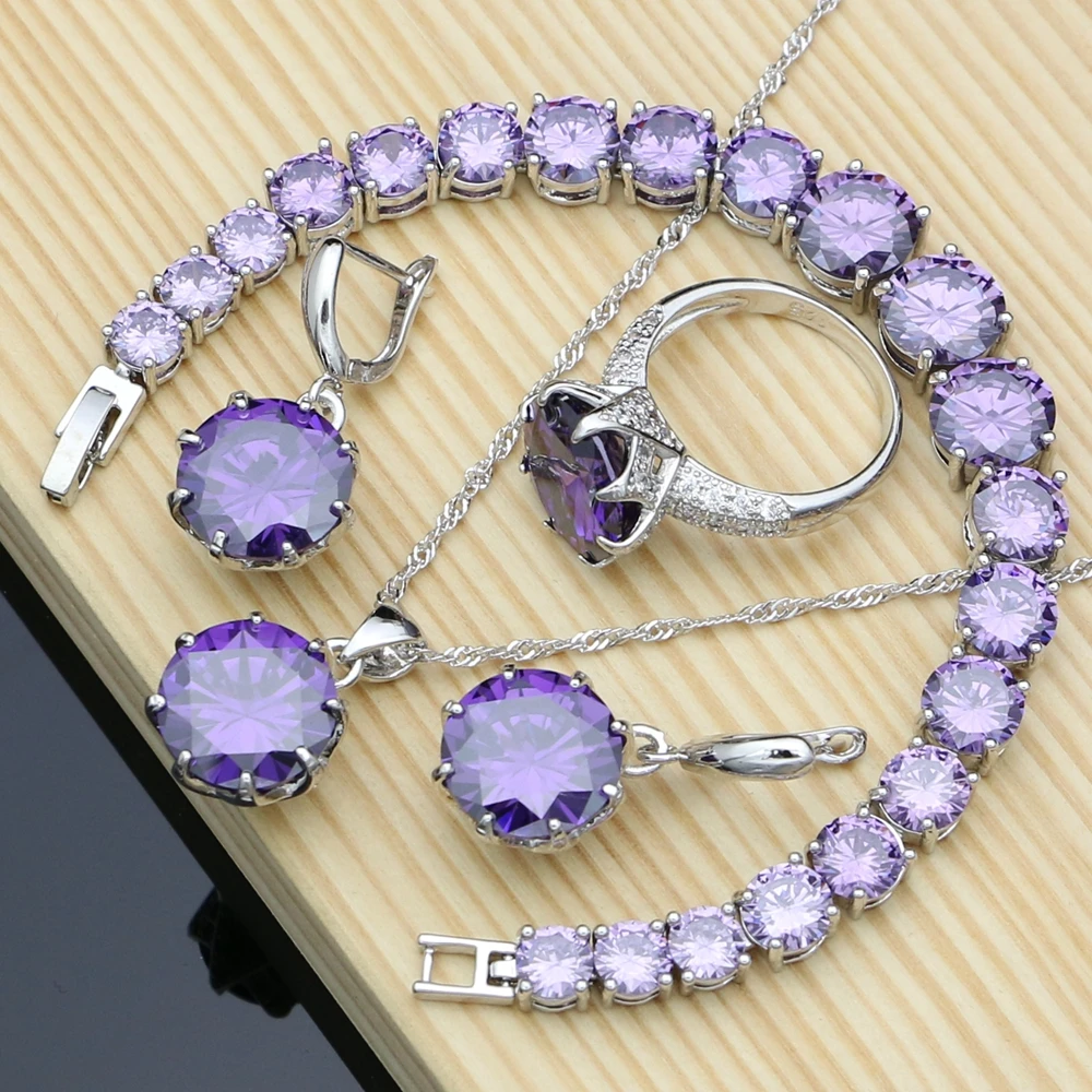Silver 925 Bridal Jewelry Sets Big Purple CZ Costume Jewelry Kits For