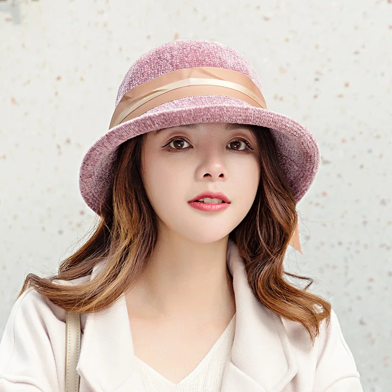 USPOP Women bucket hats female corduroy bow bucket hats fedoras Winter thick warm hats - Цвет: Розовый