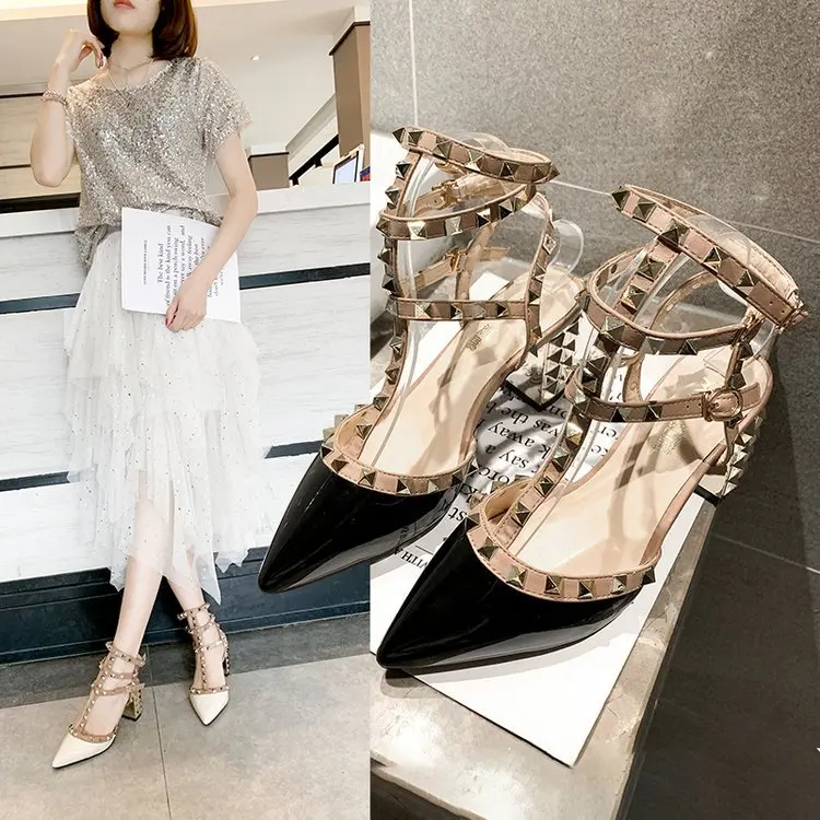 

2019 New Style Summer Rivet Pointed-Toe High Heel Shoes Women's Versatile Closed-toe Chunky-Heel Fashion Bandage Cloth Rome Sand