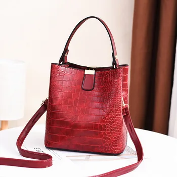 

Small Bucket Bags For Women Crocodile Pattern Female Handbag Capacity Solid Color Shoulder Messenger Bag Ladies Casual Tote Bag