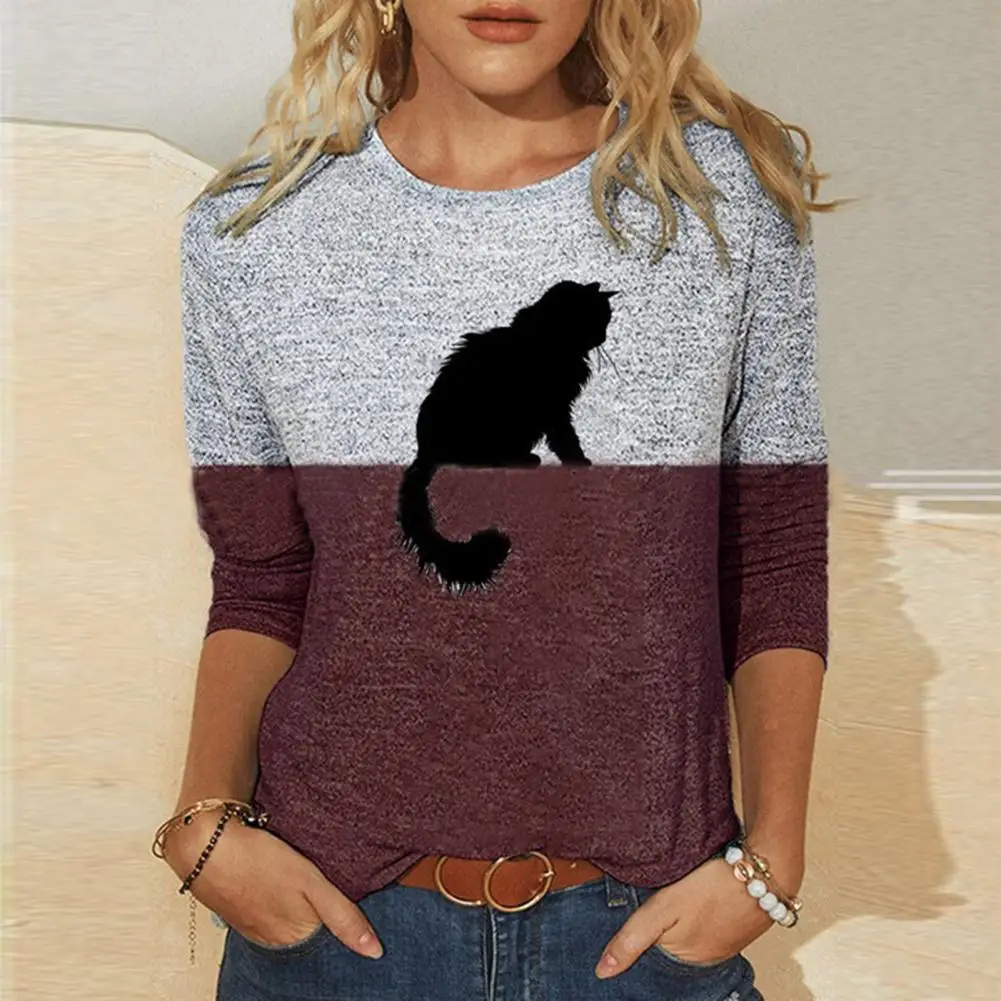 Pullover Blouse Kitten Pattern Round Neck Cotton Blend Contrast Color for Daily Wear | Женская одежда