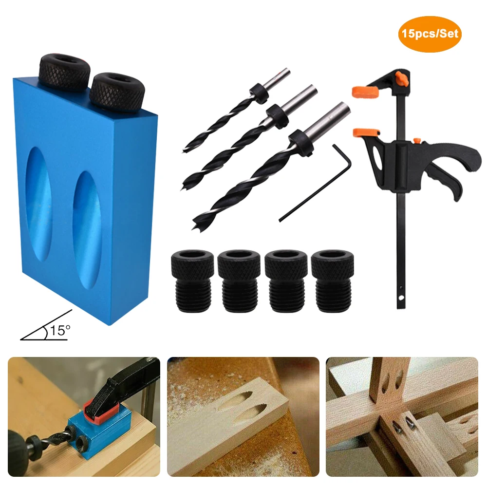 15pcs Pocket Hole Jig Kit Woodworking Guide Oblique Drill Angle Hole Locator C#