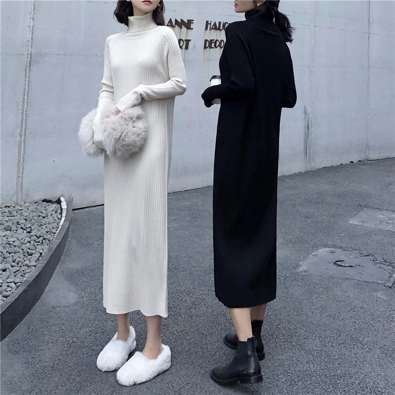 Harajuku женское платье свитер водолазка толстые длинные вязаные свободные вечерние