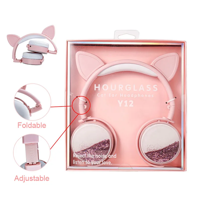 Foldable Cute Cat Ear Kids Headphone With Mic Cartoon Earphone 3 5 Jack Music Girl Helmet Bling Glitter Cascos For Phone Gift