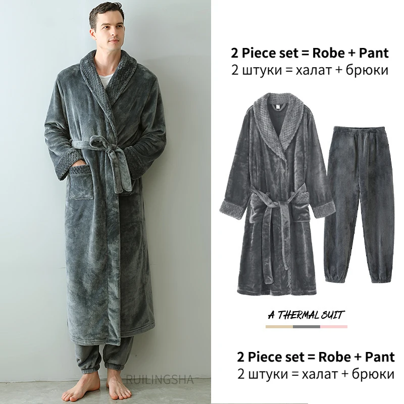 Extra Long Thick Waffle Coral Fleece Winter Warm Bath Robe Men Women Flannel Kimono Bathrobe Male Dressing Gown Mens Nightwear pajama pants