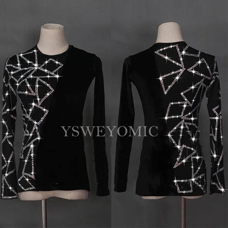 Black Latin Dance Shirts Men Flamenco Long Sleeve Round Neck Sequin Middle East Diamond Tops Ballroom Shirt Performance Wear