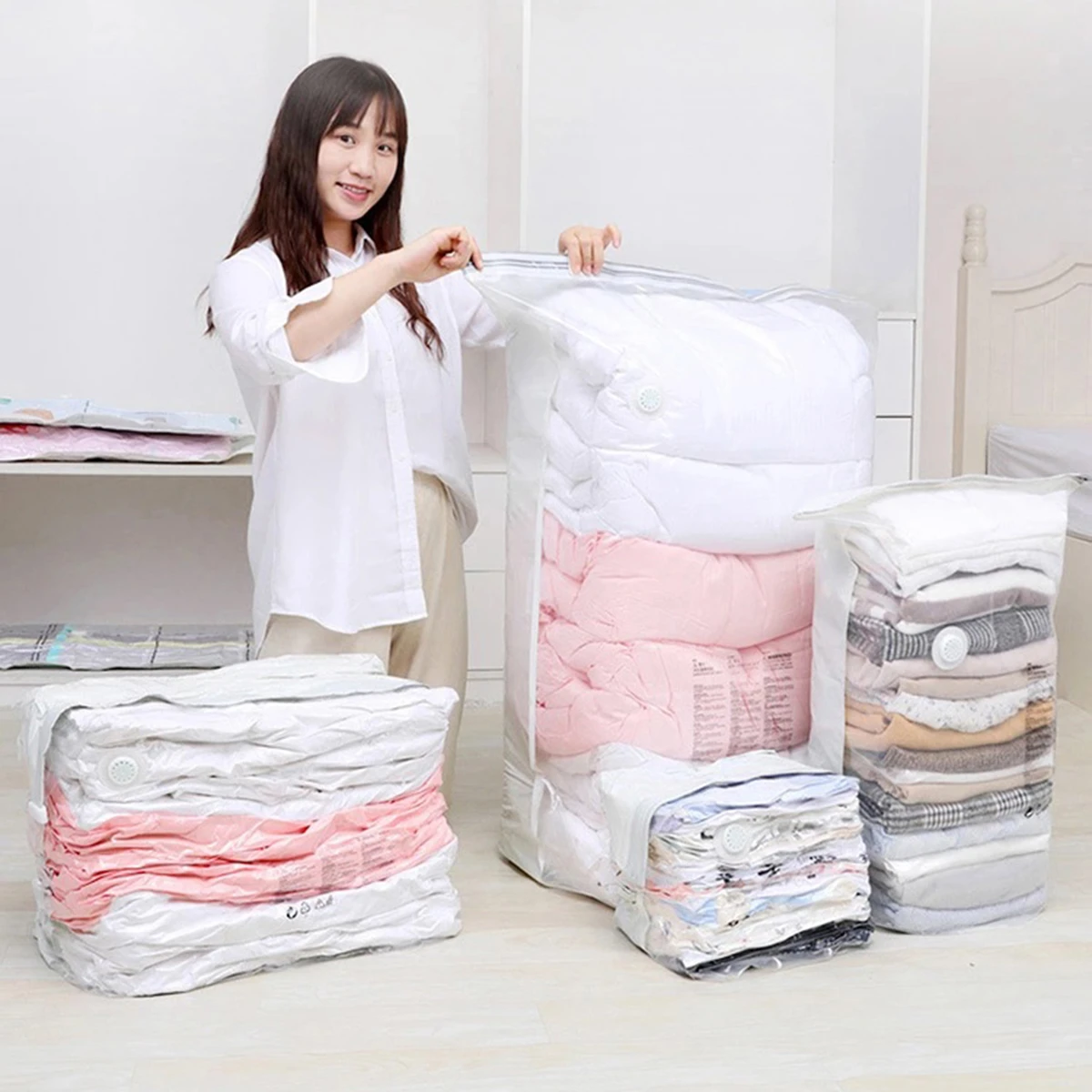 Bolsa de compresión al vacío para de ropa, bolsa de compresión al vacío con orificio para escape de aire, gruesa, estéreo, organizador de ropa, bolso espacioso empaquetado, sin bombas|Bolsas de