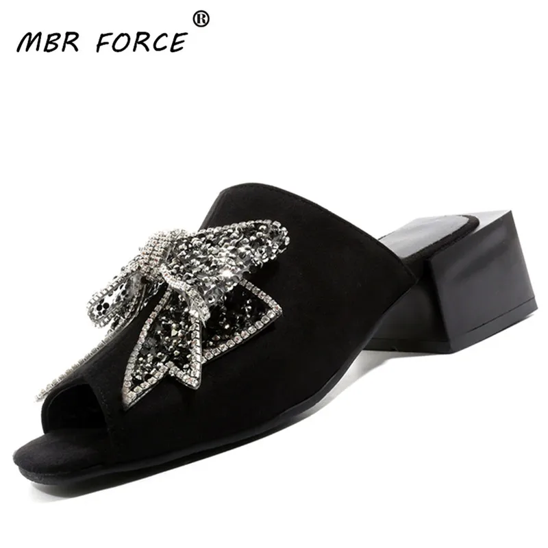 

MBR FORCE Summer women slippers fashionable bow-knot diamond decoration 5CM square heel sandals women slippers size