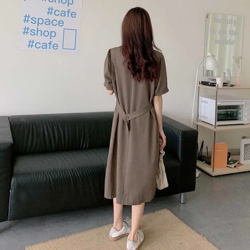 One-Piece Korean Plus Size Dress Women 2020 Summer New Vintage Fashion Double Breasted Dress Lady Elegant Office Dress Vestidos