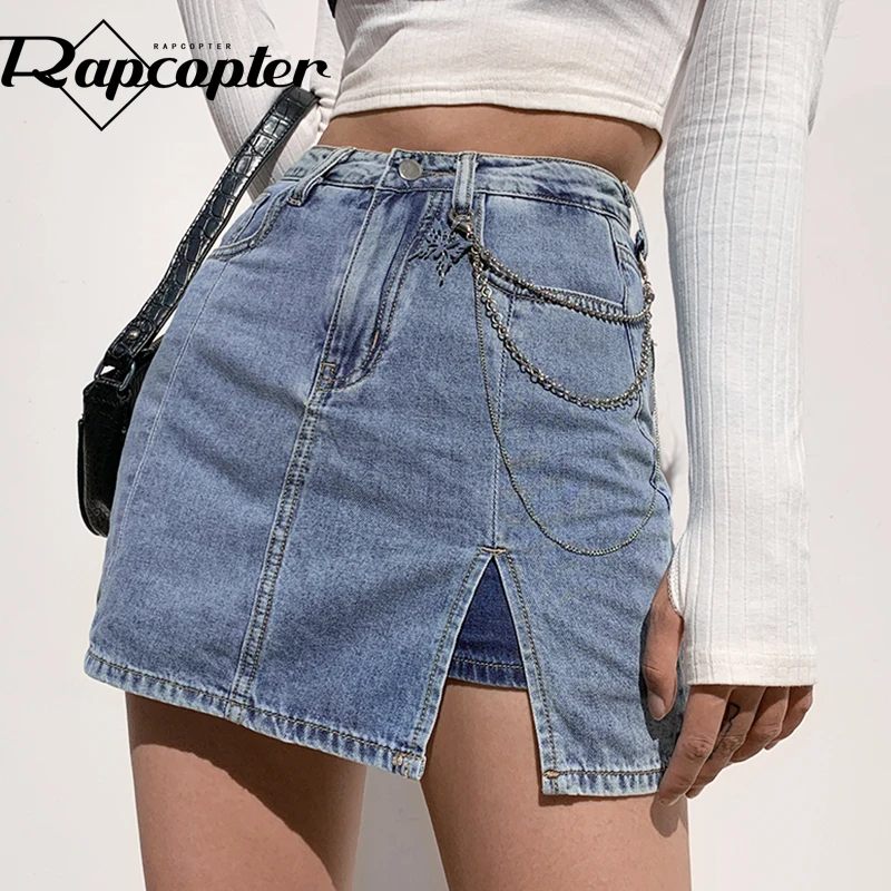 Rapcopter y2k Blue Jeans Skirts Side Split Mini Skirts High Waisted