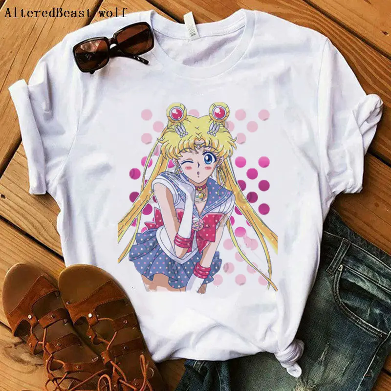 as picture Kawaii Сейлор Мун карманная футболка Женская милая одежда Аниме забавная мультяшная Футболка с принтом 90s Женская белая футболка женские модные топы - Цвет: as picture