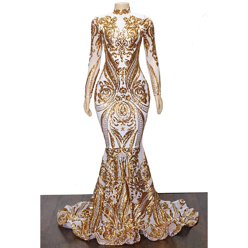 

High Neck Gold Sequins Pattern Mermaid Formal Evening Dress Long Sleeves Floor Length Women Prom Gown Custom Made