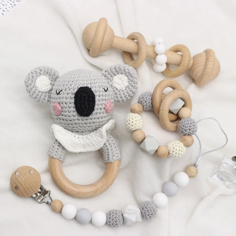 DIY Crochet Elephant Baby Teether BPA Free Silicone Beads Teething Bracelet Baby Pacifier Clip Rodents Wooden Baby Rattle Toys