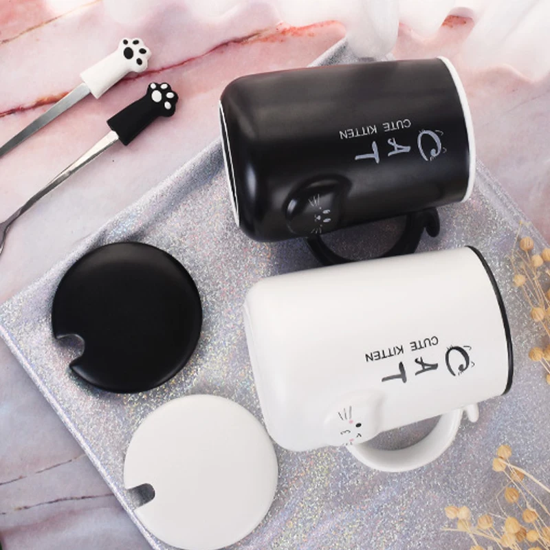 Comprar Lindo gato 400ml taza para café de cerámica con tapa leche tazas para desayuno taza para el hogar y la Oficina tazas de té de café