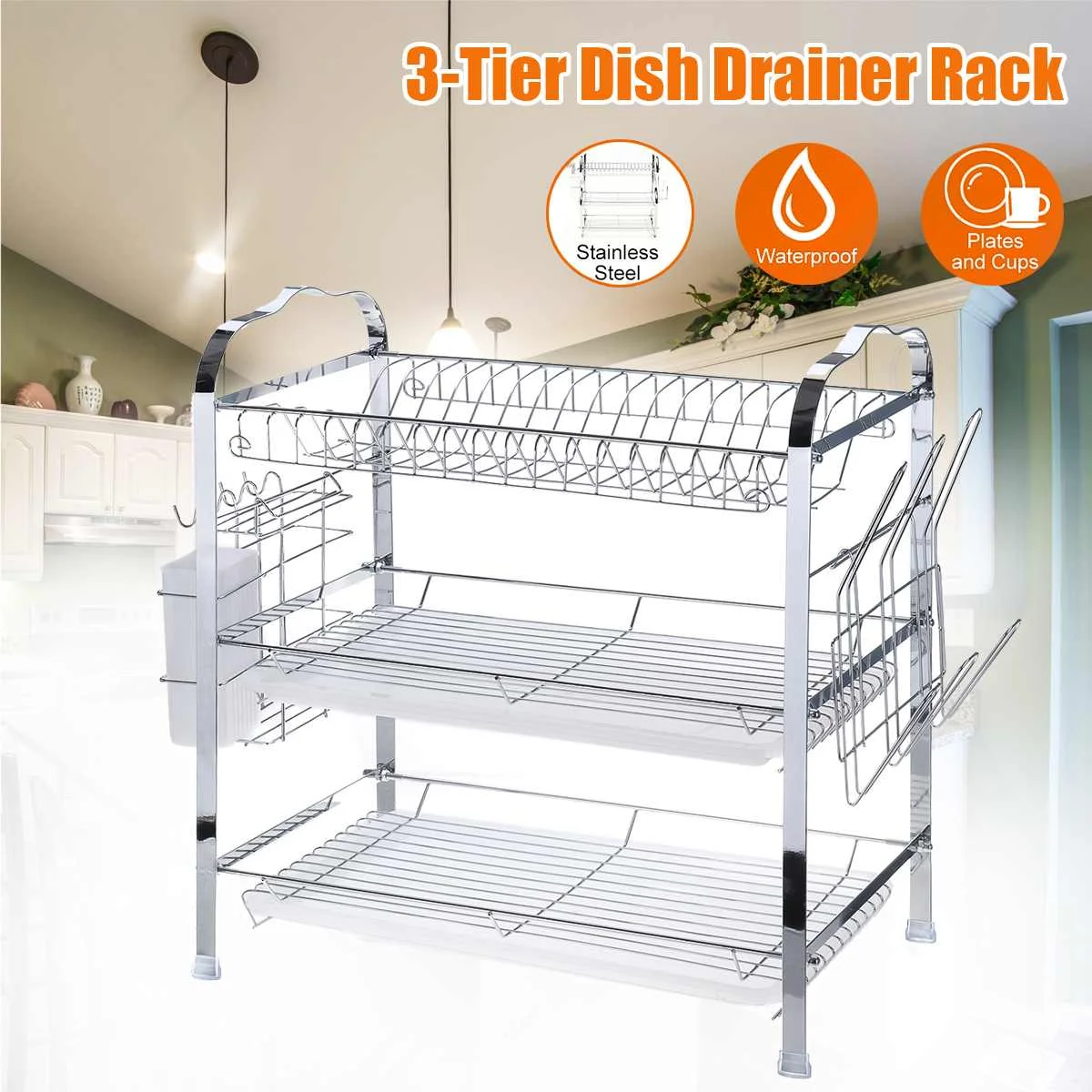 

3 Tiers Stainless Steel Multifunction Kitchen Storage Chrome Dish Drainer Cutlery Cup Holder Rack Drip Tray Organizer