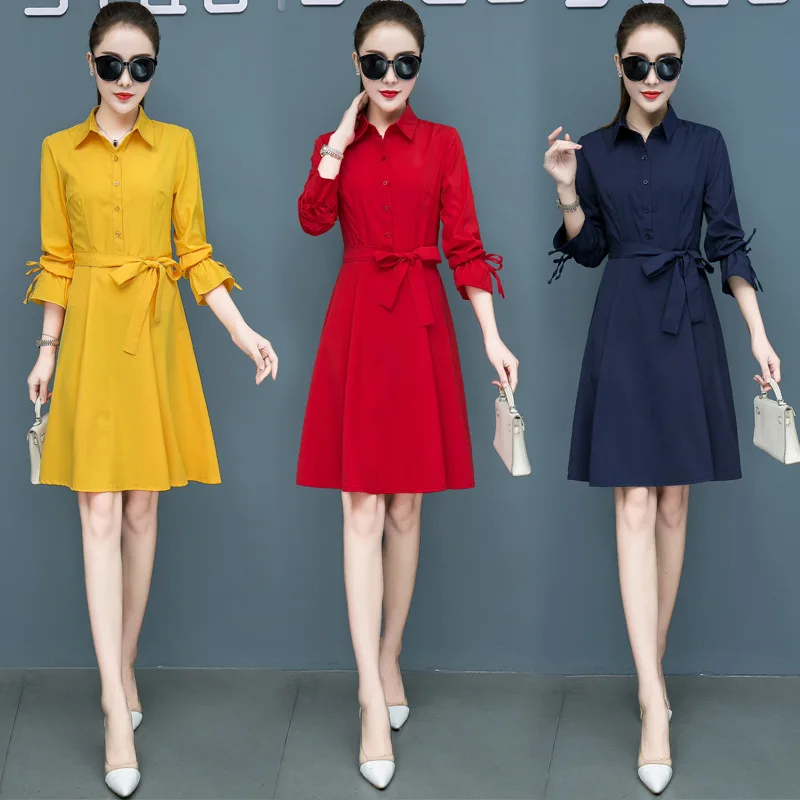 

Women Casual Sashes a Line Party Dress Ladies Button Turn Down Collar OL Style Shirt Dress Summer Solid Mini Dresses Vestidos