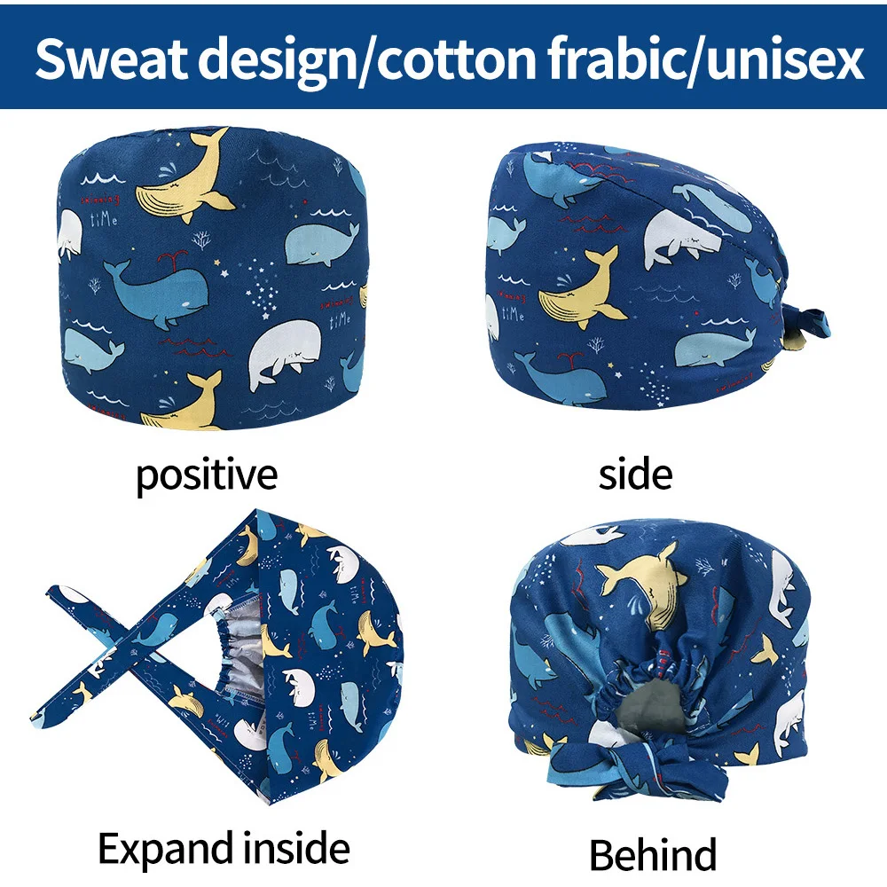 Tooth printing Pet grooming work hats lab dustproof hats Elastic scrubs caps tooth beauty store scrubs caps with sweat-absorbent medical scrub hats