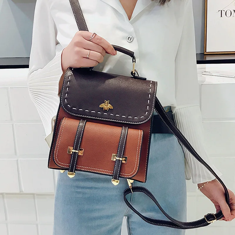 

2019 New Style Contrast Color Retro Small Backpack Women's Versatile England PU Leather Students Backpack Simple Casual Trendy B