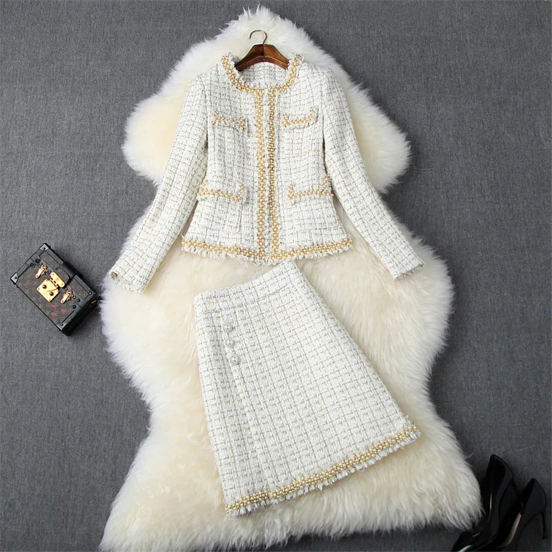 Emigrate the mall in front of Winter Full Sleeve Pocket Beaded Jacket Tweed Tassels Skirt 2 Piece Women  Fashion Casual Patry Dress Set|Dress Suits| - AliExpress