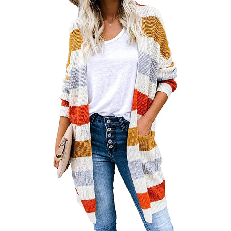 

European and American Striped Sweater Cardigan Women 2020 Autumn and Winter Long Color Matching Pocket Knitted Cardigan