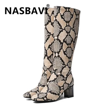 

NASBAVI office woman mid-calf boots size 34-44 fashion winter sexy leopard/snake pattern zip shoes high heels square toe boots
