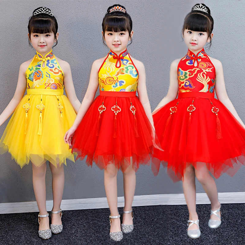 

Chinese Girl clothes Princess cheongsam Mandarin Collar sleeveless cheong-sam Chinese Style casual Party Dresses Pageant Dresses