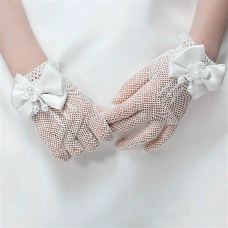 Girls Princess Gloves Elastic Mesh Bowknot Pearl Wedding Party Gloves Children Ceremony Ornament Accessories Birthday Mittens