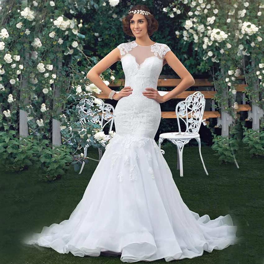 Elegante Cap Sleeve Organza Floor Lengte Lange Trein Witte Bloem Sexy Kant Mermaid Trouwjurken 2016 Elegante Cap Sleeve Organza Floor Lengte Lange Trein Witte Bloem Sexy Kant Mermaid Trouwjurken 2016