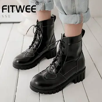 

FITWEE Ankle Boots For Women Casual Lace Up High Heels Shoes Women Winter Keep Warm Fur Short Boots Office Footwear Size 33-43