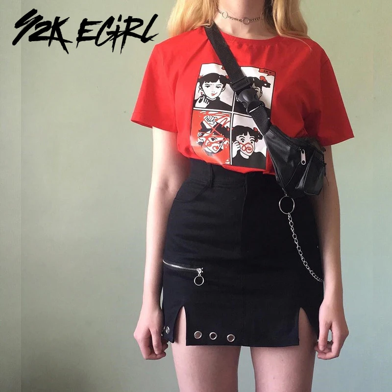 Y2k Egirl Grunge High Waist Black Skirts With Chain Punk Style Slit Hole A Line Mini Skirts Streetwear Gothic Outfit Autumn New Skirts Aliexpress