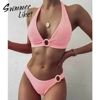 

Sexy pink swimsuit women Halter two piece suit Keyhole bikini set Ring bathing suit High cut bikini Knot swimwear female summer