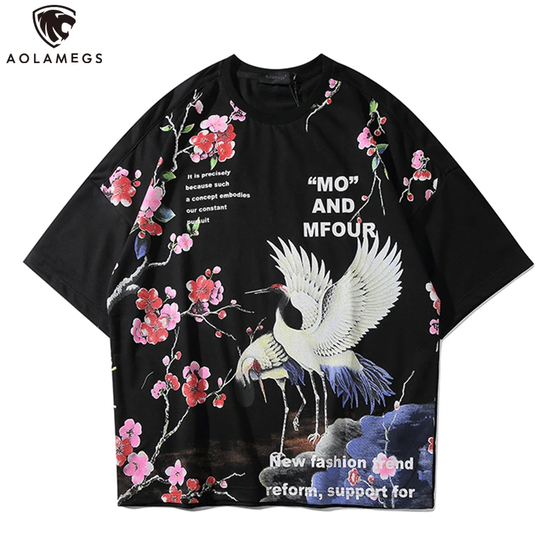 

Aolamegs Plum Flower Crane Printed Men T-shirts Oversize Tee Shirt Casual Chinese Ancient Culture Couple Tees Fashion Streetwear