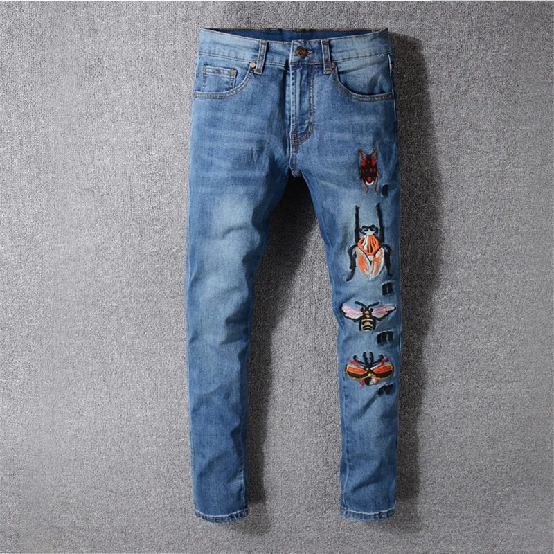

2019 New arrived Men's Fashion Inserts Embroidered Pants Washed Blue Skinny Jeans Slim Trousers Size 28-40