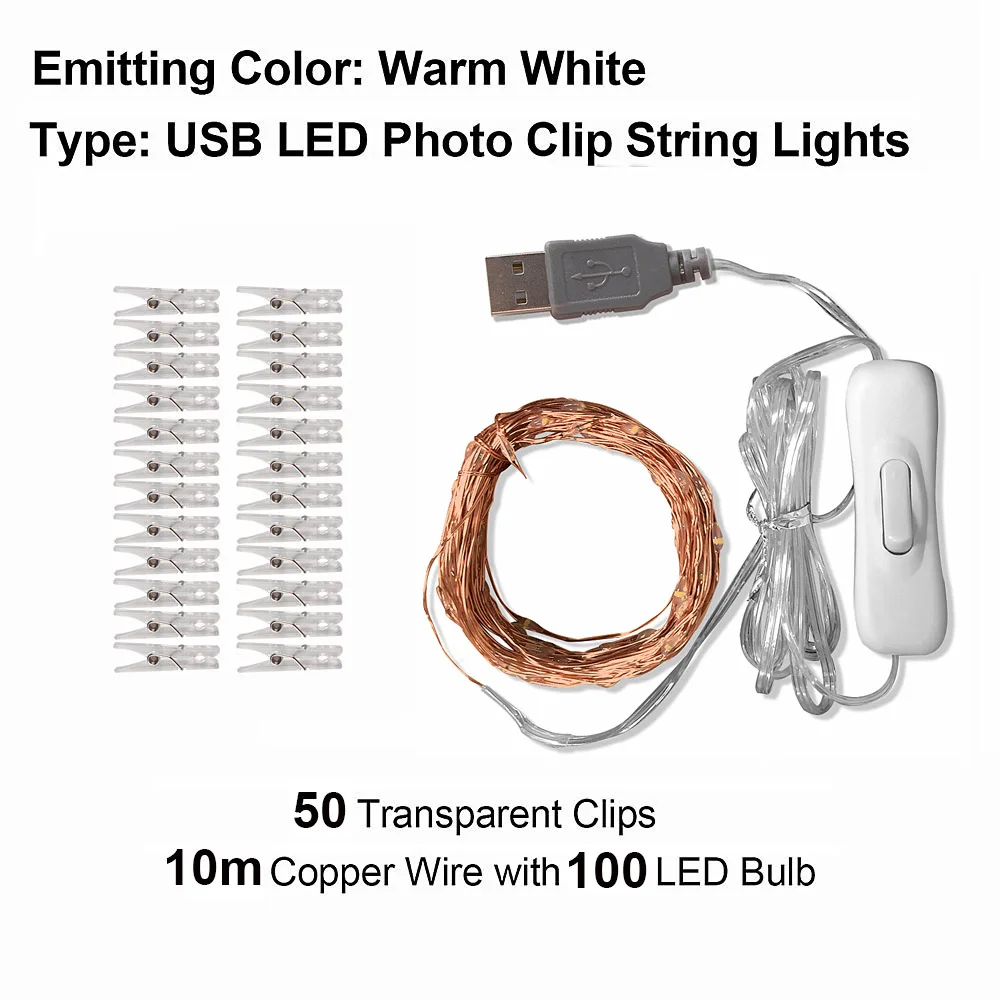 10m 100LED Герлянда для декора led string 2 м/5 м/10 м USB светодиодный гирлянда для использования вне помещения Рождественская медная проволочная Гирлянда для фото клип Декор гирлянды батарея Фея цепь лампы герлянда гирлянда на - Испускаемый цвет: 10m 100LED