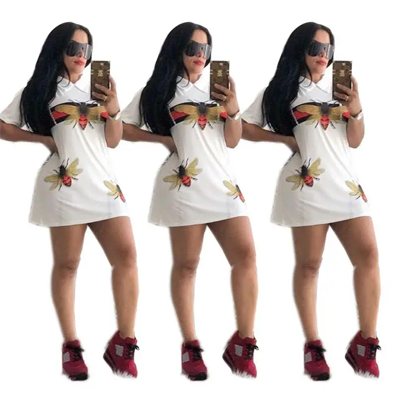 

Turn Down Collar Short Sleeve Casual Women Short Dress Summer Best Sell Bees Printed Chic Style T Shirt Dress K8013