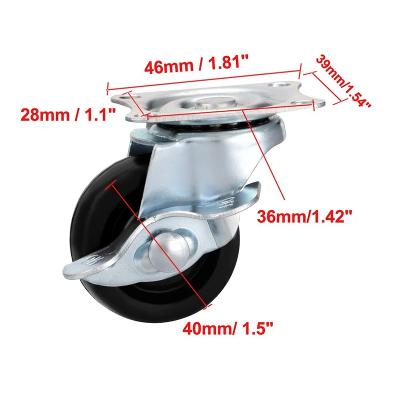 1,5 дюймовые ролики колеса резиновая верхняя пластина монтируется поворотное фиксированное колесико, 44Lb емкость, 4 шт 2 шт Поворотное Колесо с тормозом, 2 шт