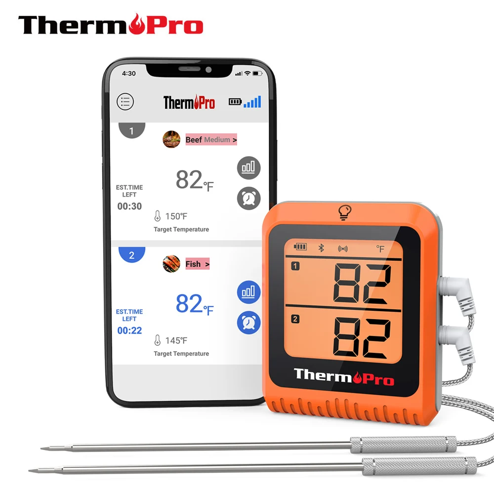 ThermoPro – thermomètre à viande TP25, affichage rétroéclairé à 4 sondes,  150M, sans fil, connexion Bluetooth, application pour téléphone  intelligent, cuisson au four barbecue