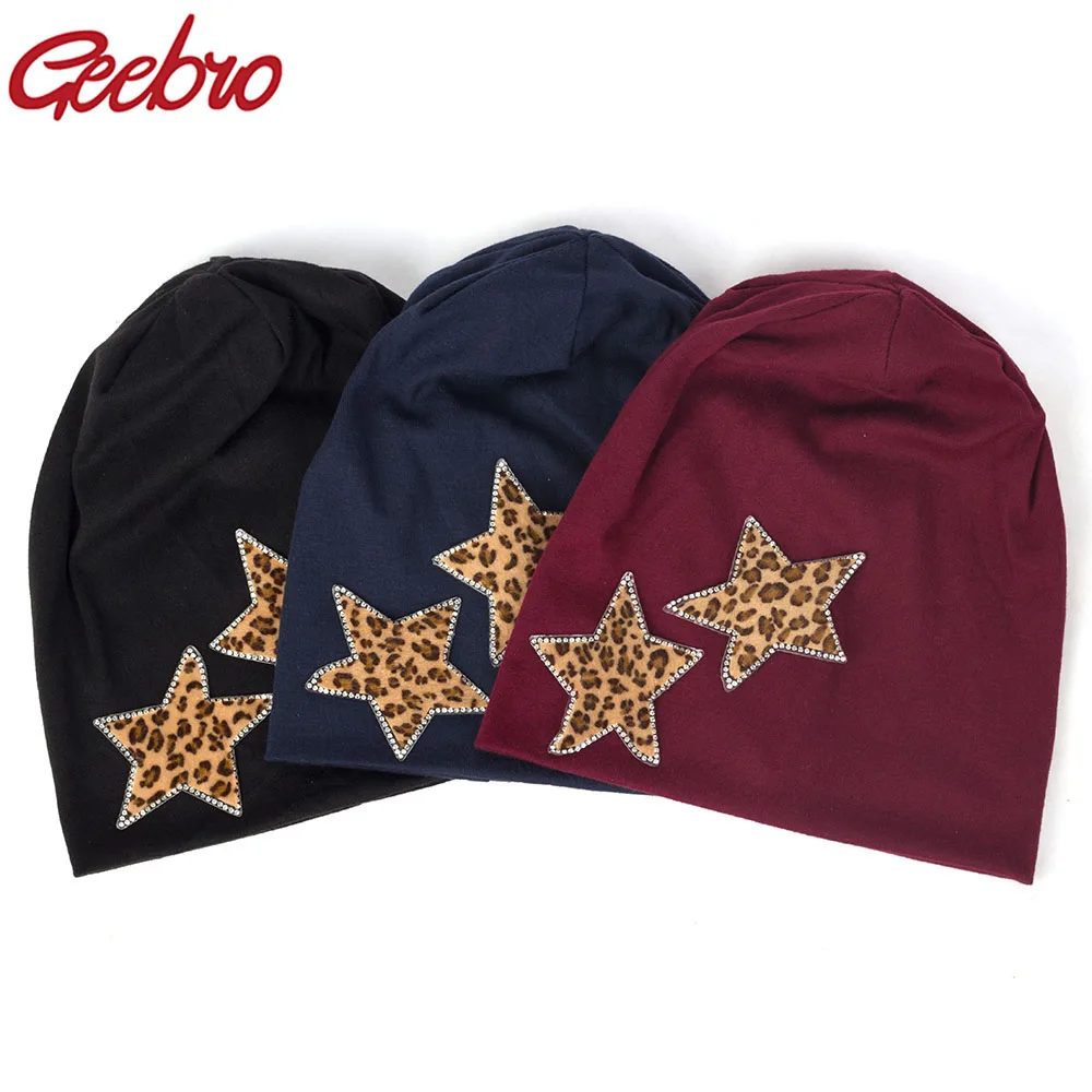

Geebro Winter Slouchy Handmade Leopard Star Rhinestones Skullies Beanies For Women Female Cotton Elastic Baggy Hats Bonnet Cap