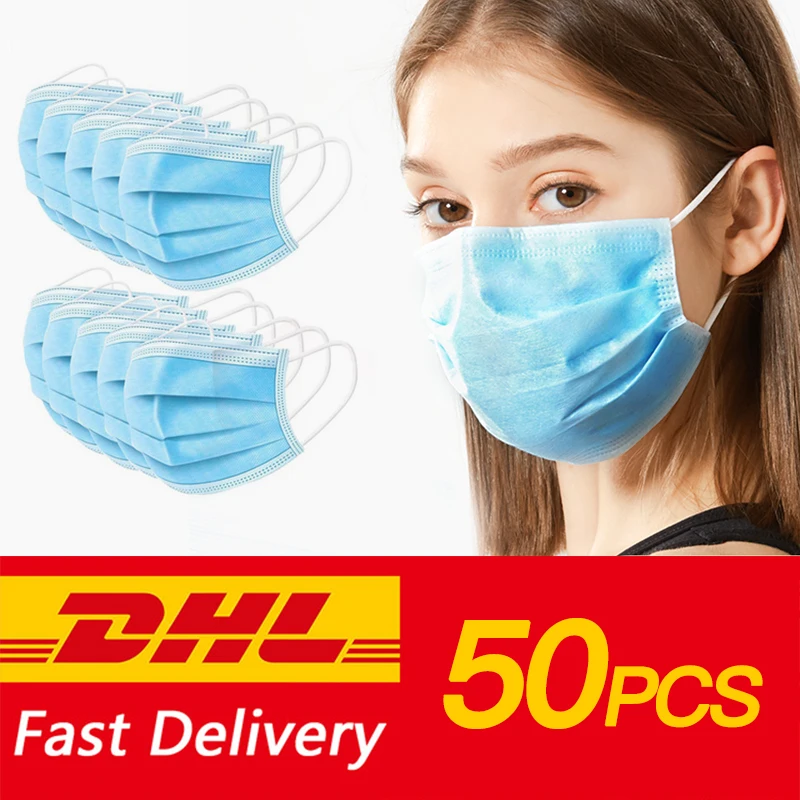 

50PCS Disposable Face Mouth Mask 3-Ply Blue Non-woven Respirator Face Masks Anti-dust Breathable Protective Mask FFP3 DHL