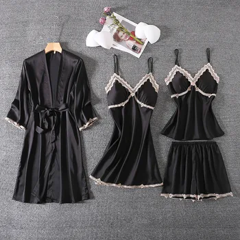 

Smmoloa 4 Piece Silk Robe Women Silk Pajamas Set satin pajama sets