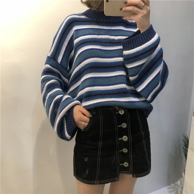 Women Harajuku Autumn Winter Sweater Blue & White Striped Jumper Embroidered Cropped Knit Oversized Pullovers Kawaii | Женская одежда