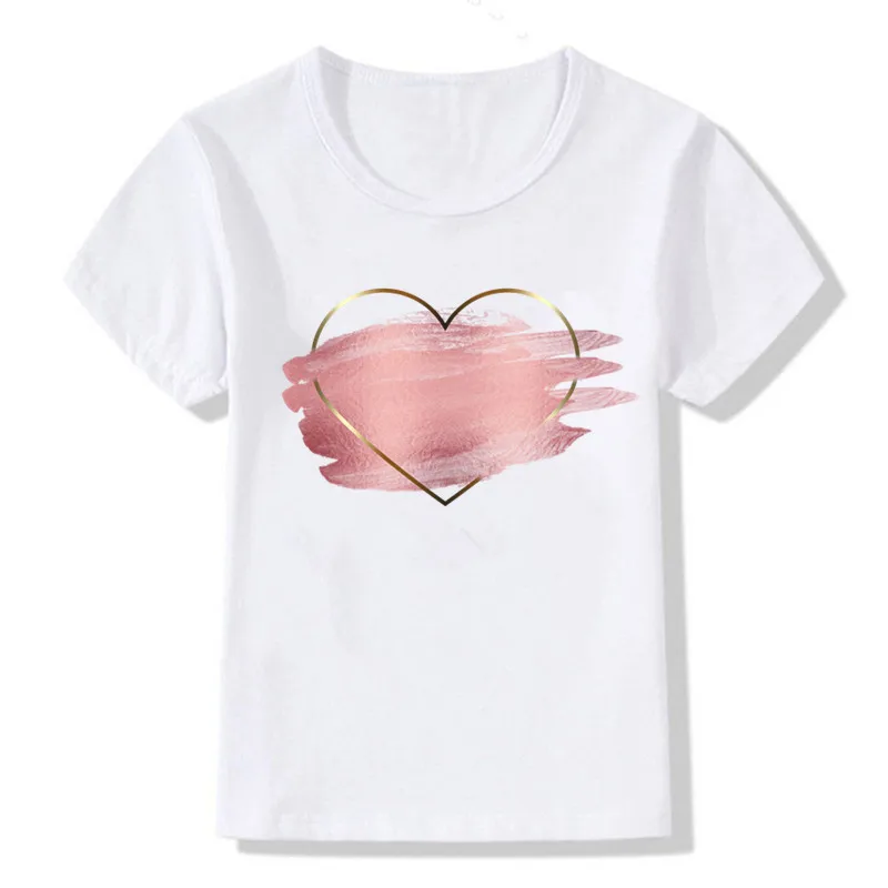 

Lovely Pink Heart Illustration Children's Clothing Cute Cartoon Boy And Girl T-shirt Aesthetics Fun Kid Top Crew Neck White Tees